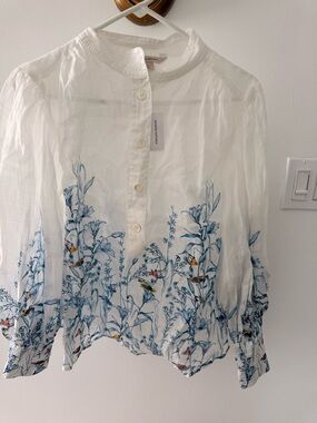 Banana Republic White Blouse with Blue Botanical & Bird Print